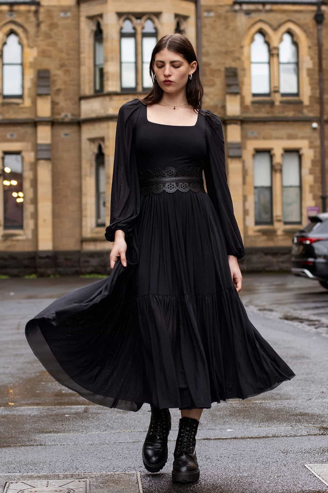 Flowy Tiered Chiffon Dress with Belted Waist and Platform Boots — Corporate Goth Outfits