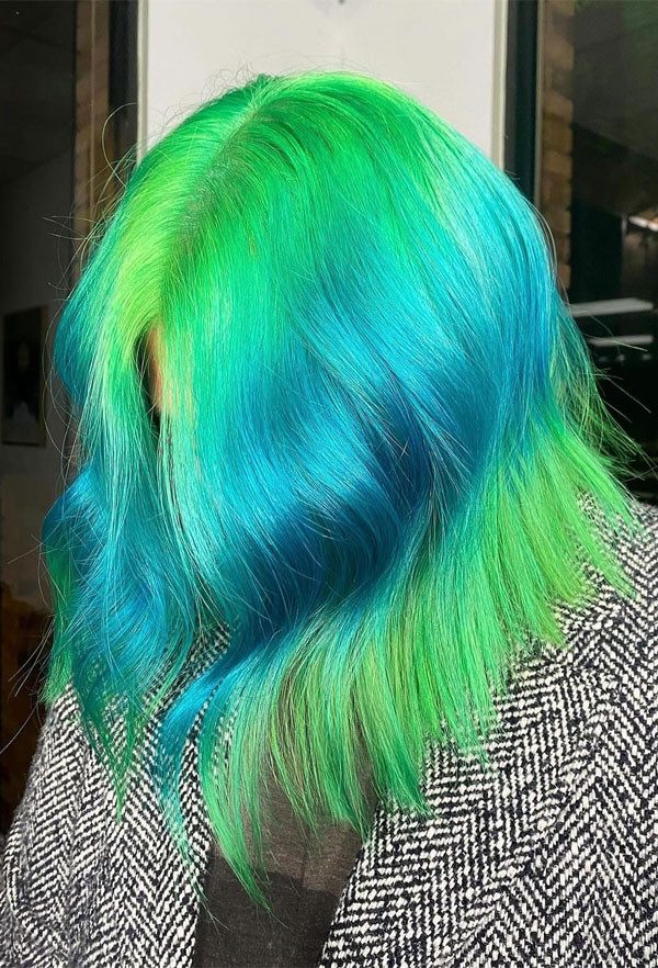 Textured Lob With Neon Green Teal Split Dye Textured Lob With Neon Green Teal Split Dye — Neon Green Hair