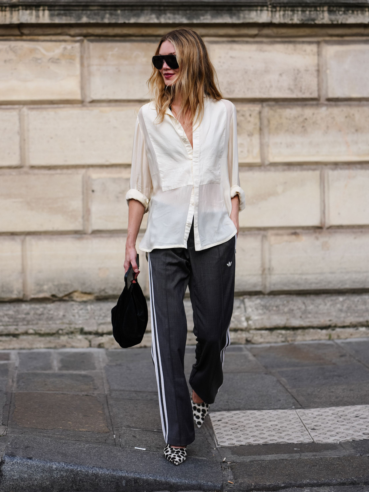 Grey Track Pants with Sheer White Button-Down — Outfits for Athletic Build