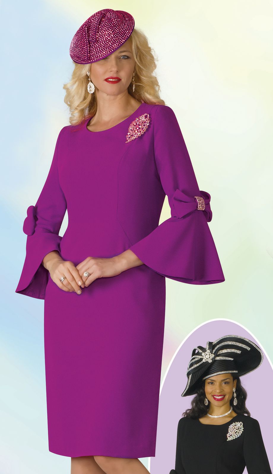 Purple Midi Dress with Embellished Bell Cuff Sleeves Purple Midi Dress with Embellished Bell Cuff Sleeves — Church Dresses