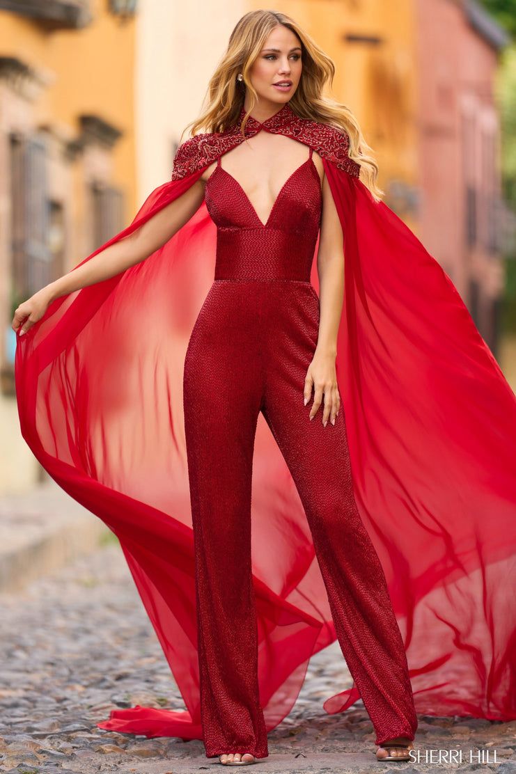 Glamorous Red Sequined Jumpsuit with a Chiffon Cape Glamorous Red Sequined Jumpsuit with a Chiffon Cape — Broadway Outfits