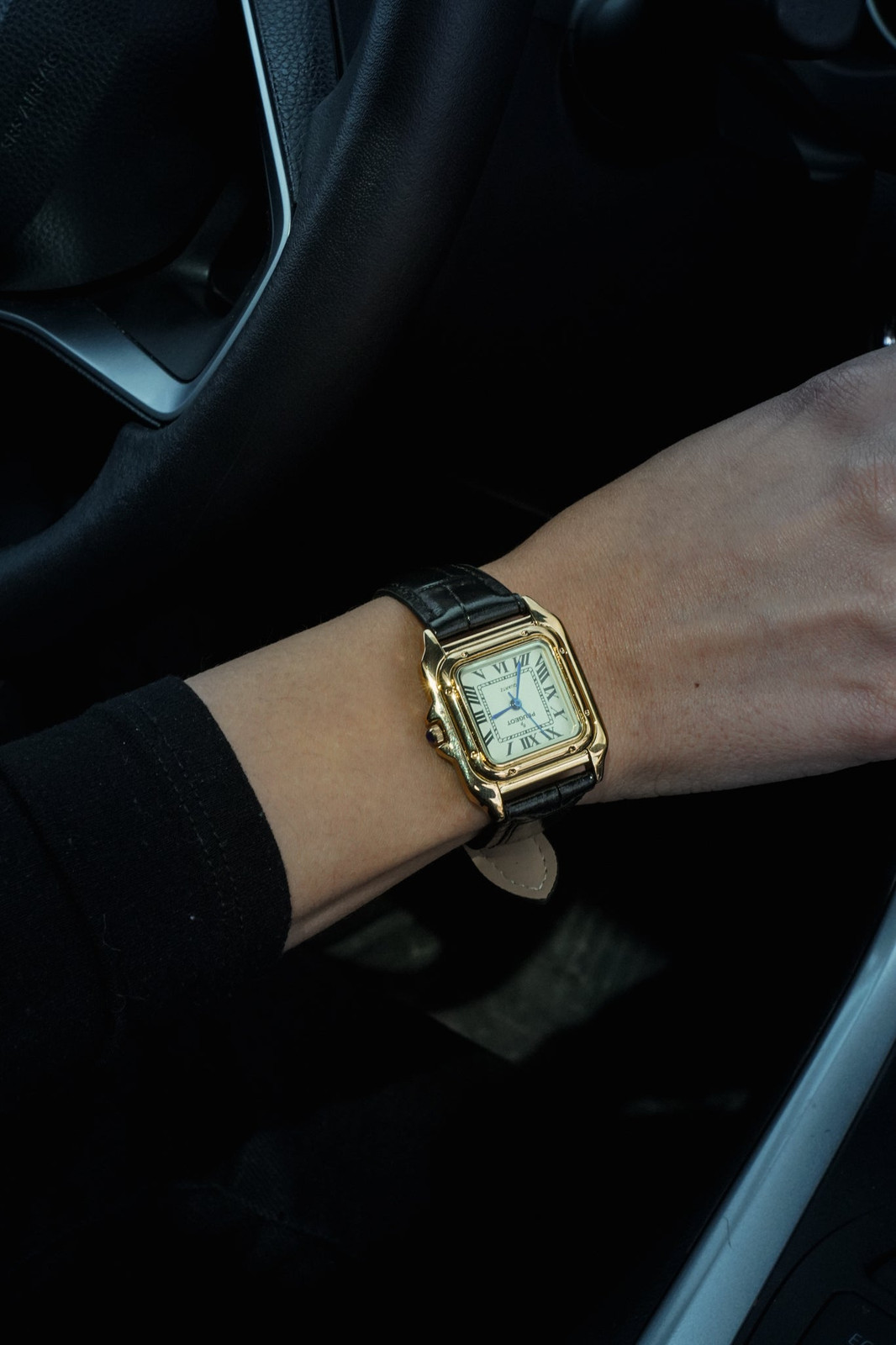 Gold Tank Watch with Black Leather Strap — Gold Watches for Women