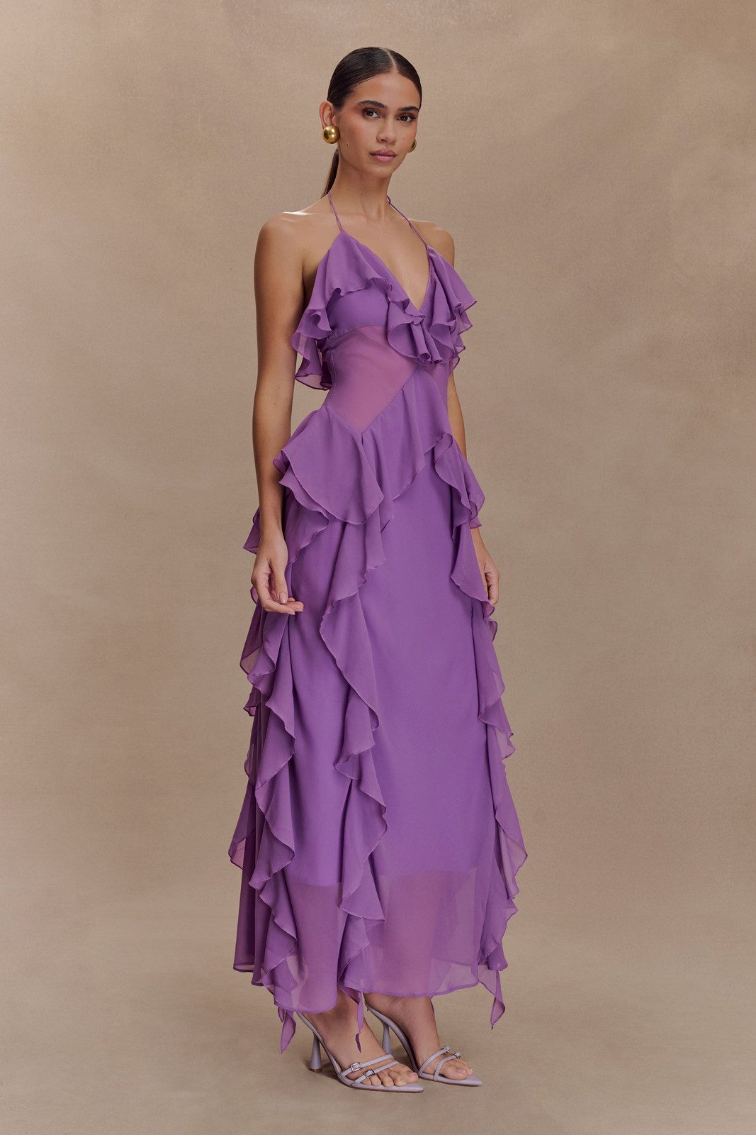 Purple Chiffon Midi with Cascading Ruffles and Sheer Inserts Purple Chiffon Midi with Cascading Ruffles and Sheer Inserts — Ruffle Dresses