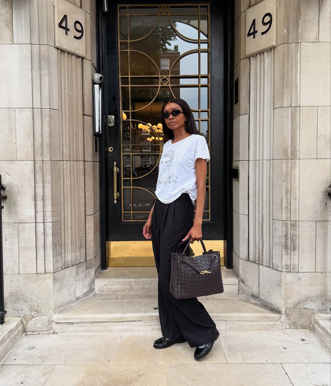 Black Loafers with Wide-Leg Trousers and a Graphic T-Shirt — Loafer Outfits
