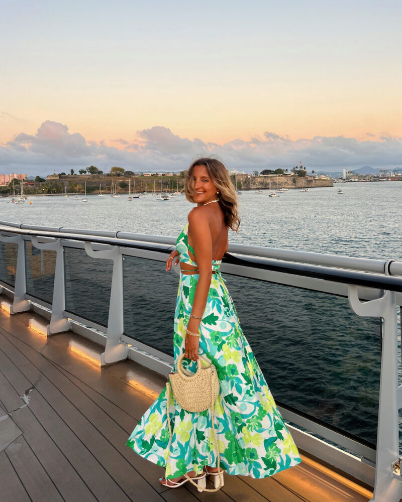Green and White Floral Halterneck Set with Maxi Skirt — Cruise Dinner Outfits