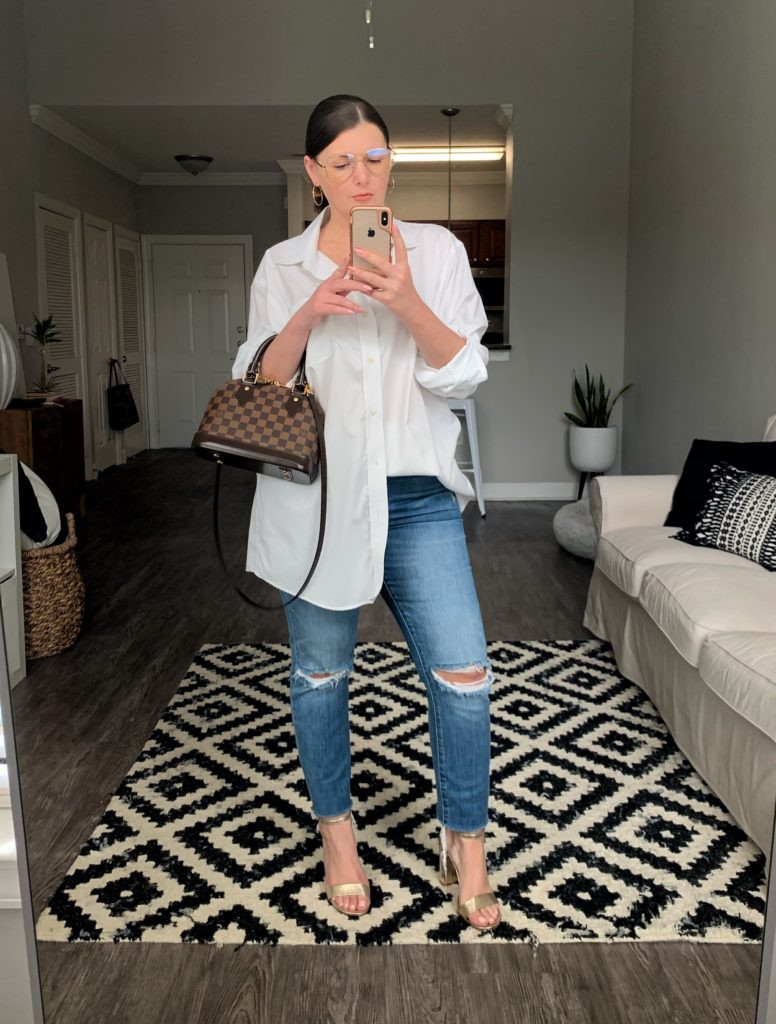 Casual Chic: Oversized Shirt and Ripped Jeans with LV Bag Casual Chic: Oversized Shirt and Ripped Jeans with LV Bag — Louis Vuitton Bag Outfits