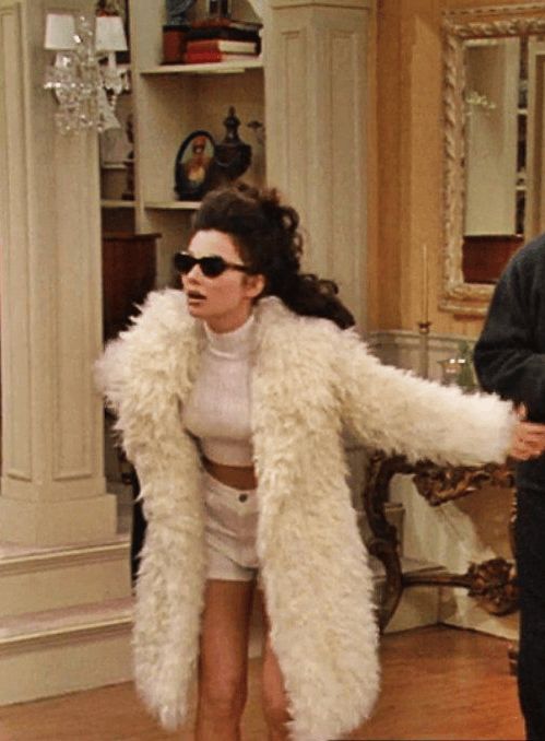 Cozy Statement: Oversized Faux Fur Coat Over Turtleneck and Shorts Cozy Statement: Oversized Faux Fur Coat Over Turtleneck and Shorts — Nanny Outfits