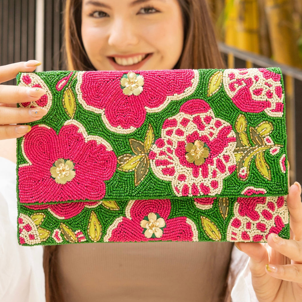 Vibrant Green Beaded Clutch with Pink Floral Pattern Vibrant Green Beaded Clutch with Pink Floral Pattern — Wedding Guest Bags