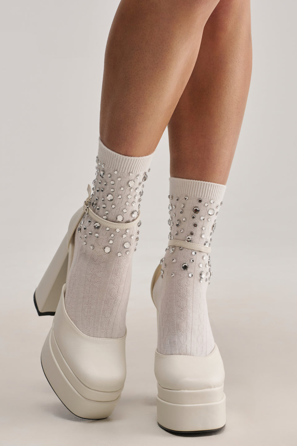 Rhinestone Embellished Socks with White Platform Heels Rhinestone Embellished Socks with White Platform Heels — Socks with Heels Outfits