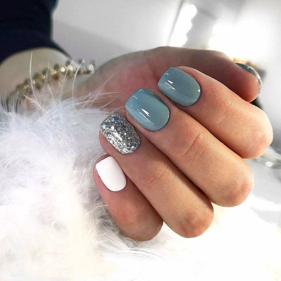 Dusty Blue & Silver Glitter Short Square Nails Dusty Blue & Silver Glitter Short Square Nails — Nails for Fat Fingers