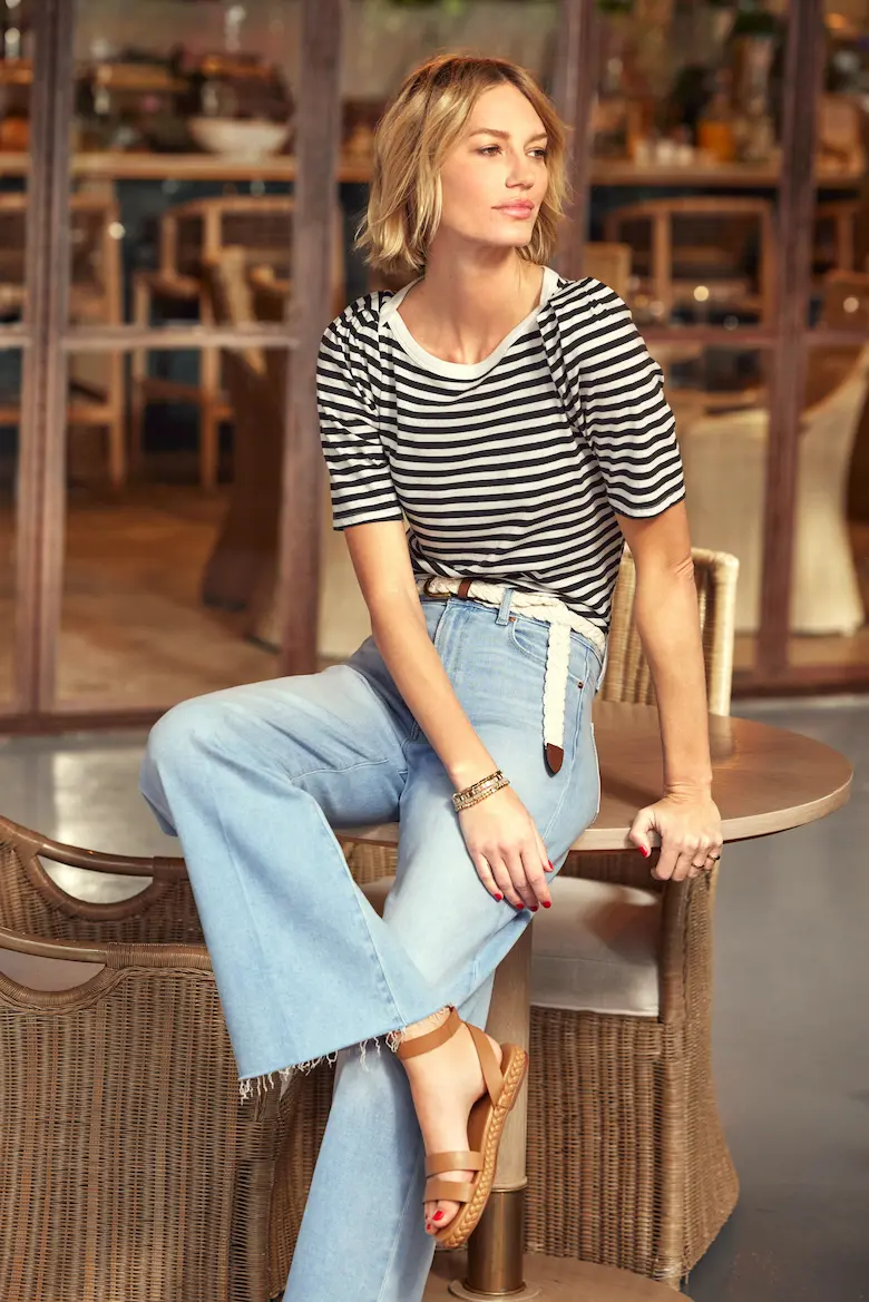 Light Blue Wide Leg Jeans with a Striped Tee and Braided Sandals