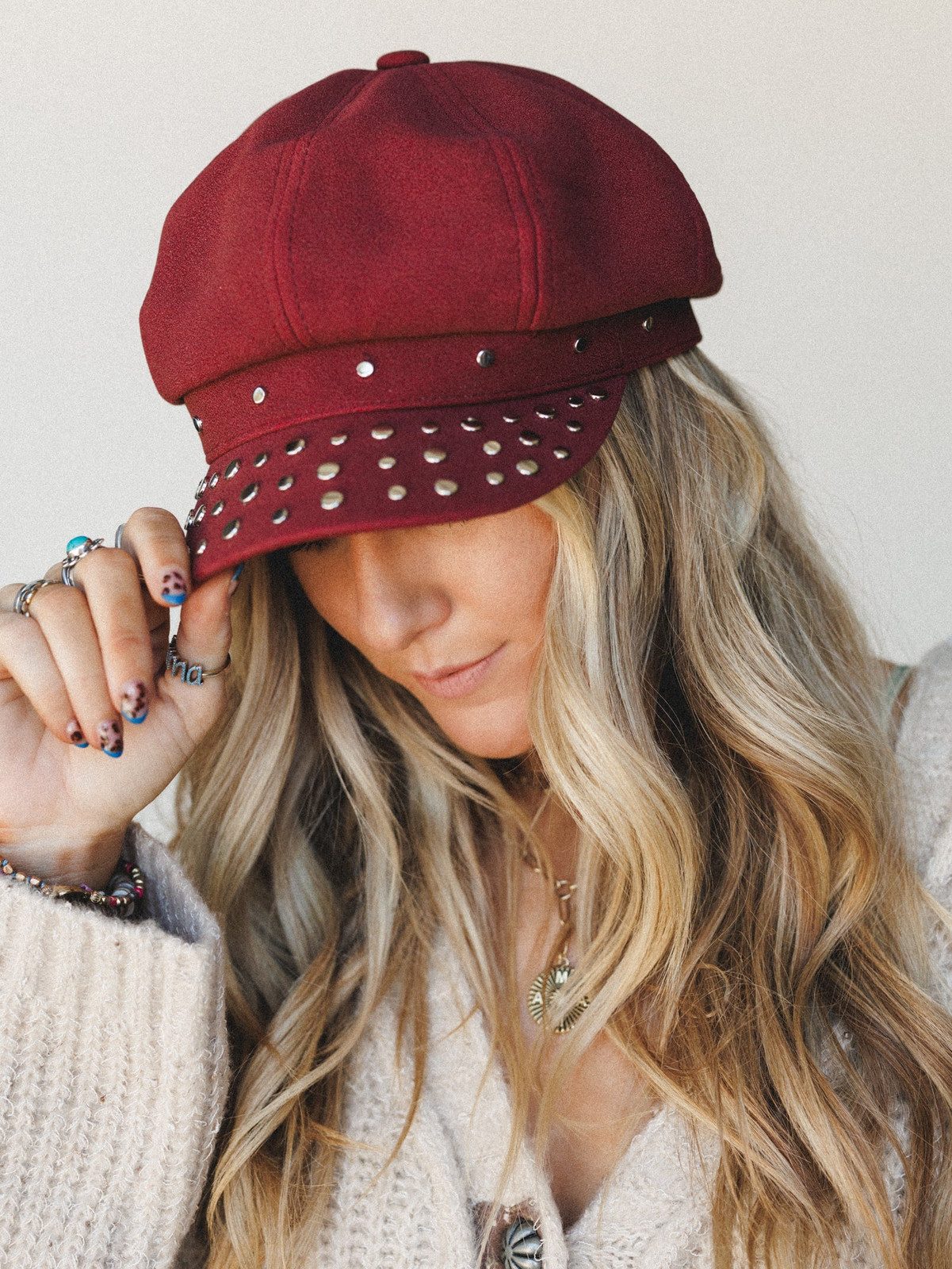 Embellished Burgundy Newsboy Hat Detail — Newsboy Cap Outfits