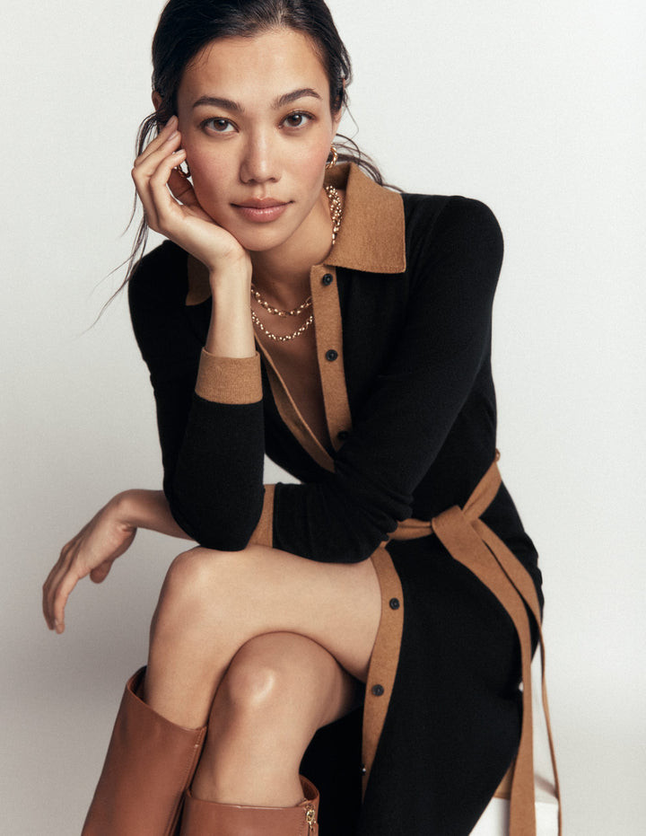Black Knit Midi Dress with Contrast Trim and Belt — Work Dresses