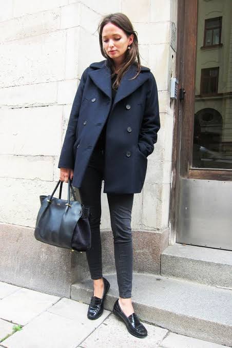 Sophisticated Navy Peacoat and Jeans — Monochrome Outfits