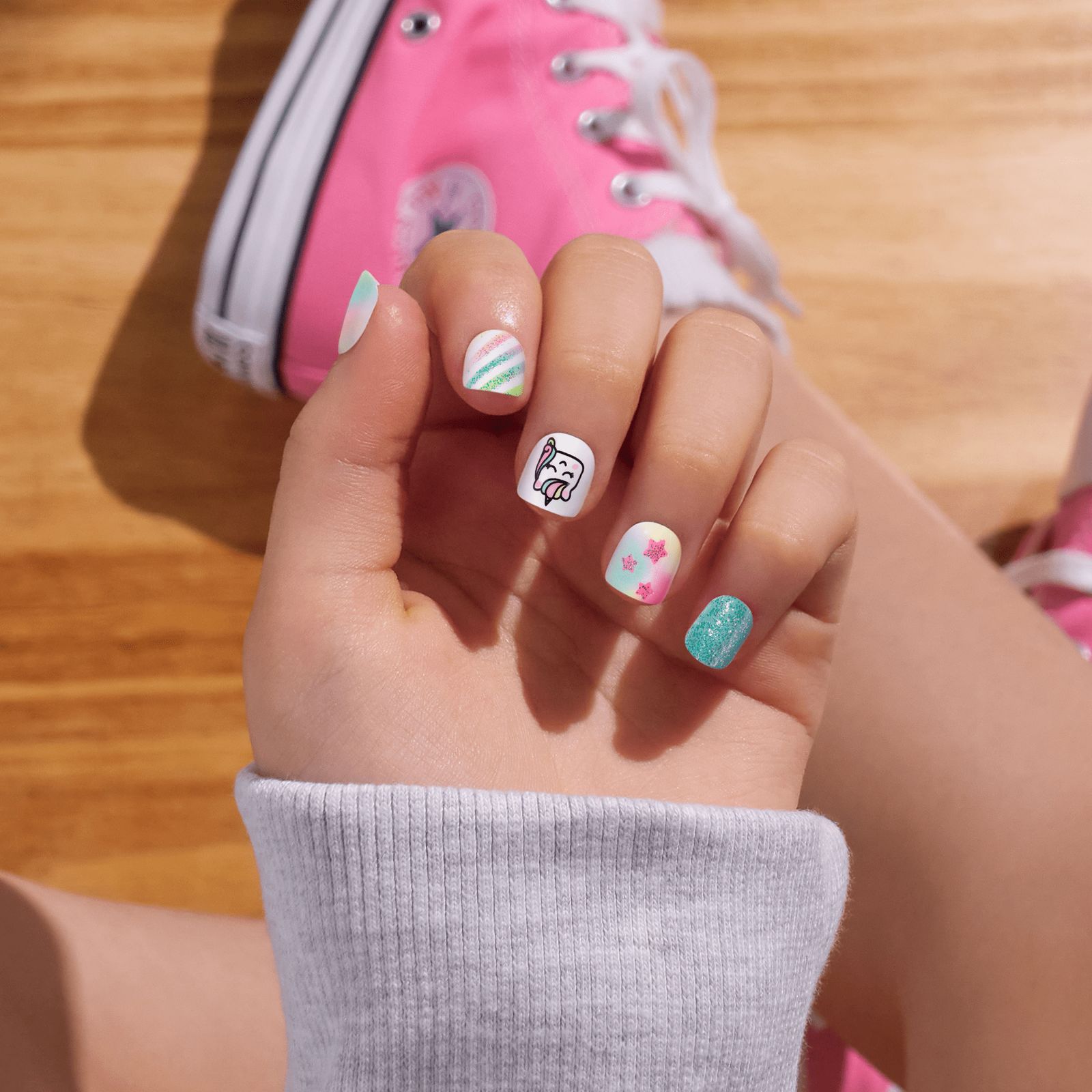 Pastel Rainbow Stripes and Glittery Teal — Nails for Little Girls