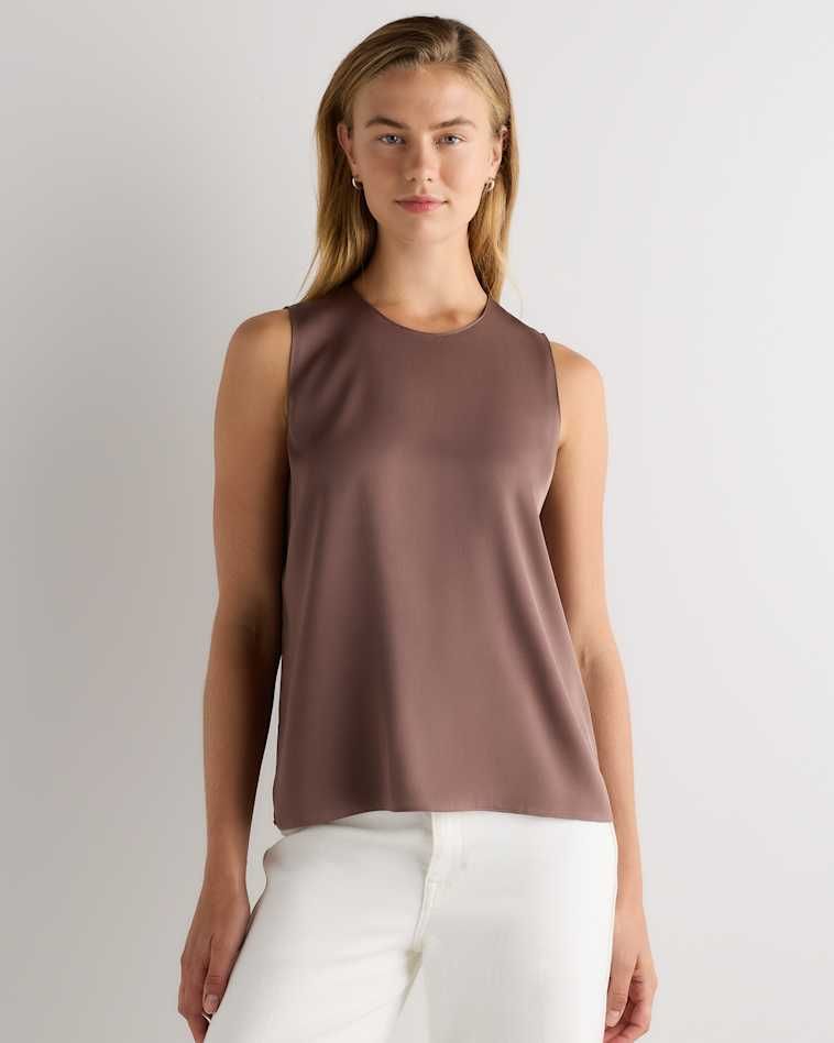 Satin Sheen: Brown Sleeveless Top with White Pants — Tank Tops