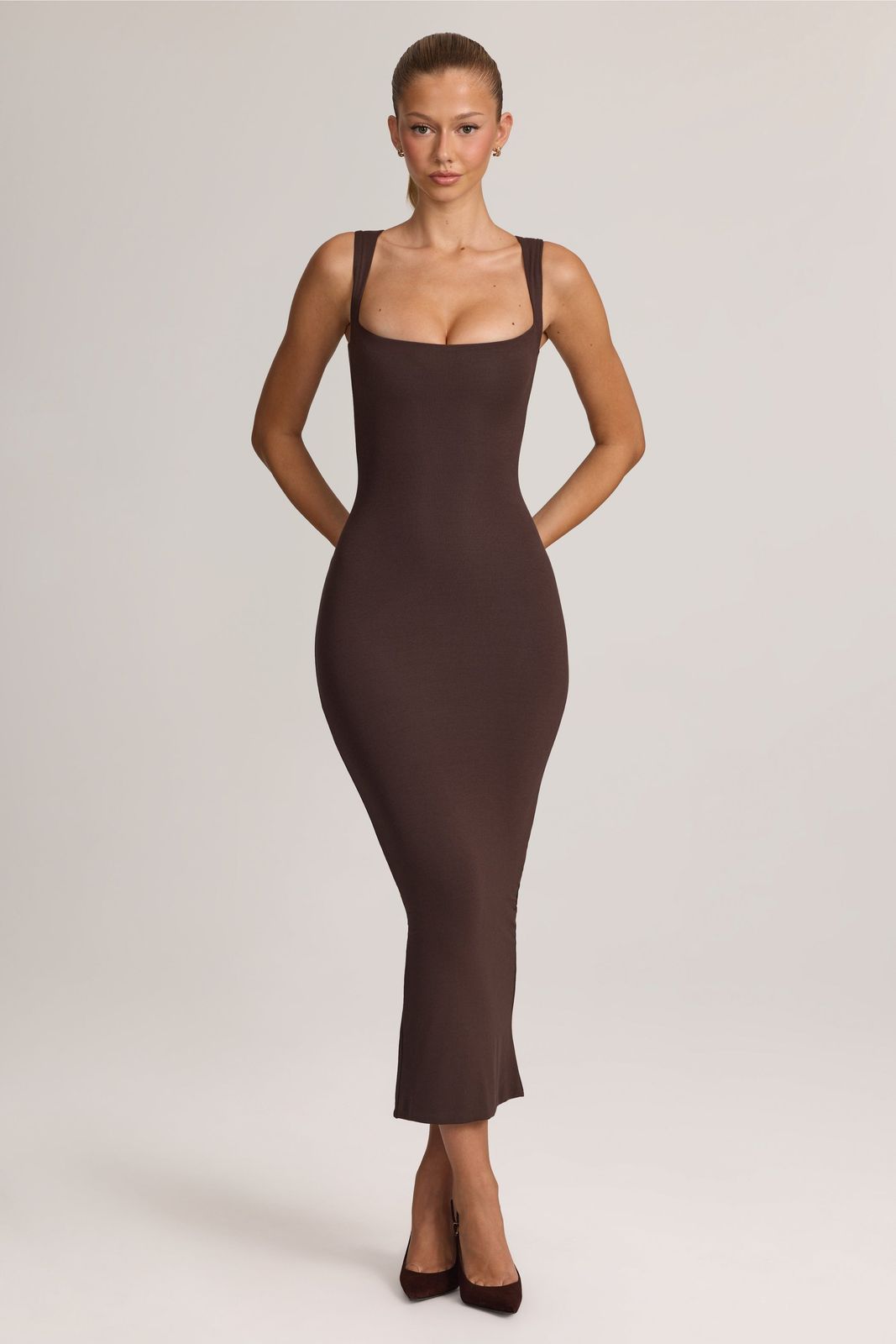 Ainslee Modal Square-Neck Midi Dress in Chocolate Brown | Oh Polly S