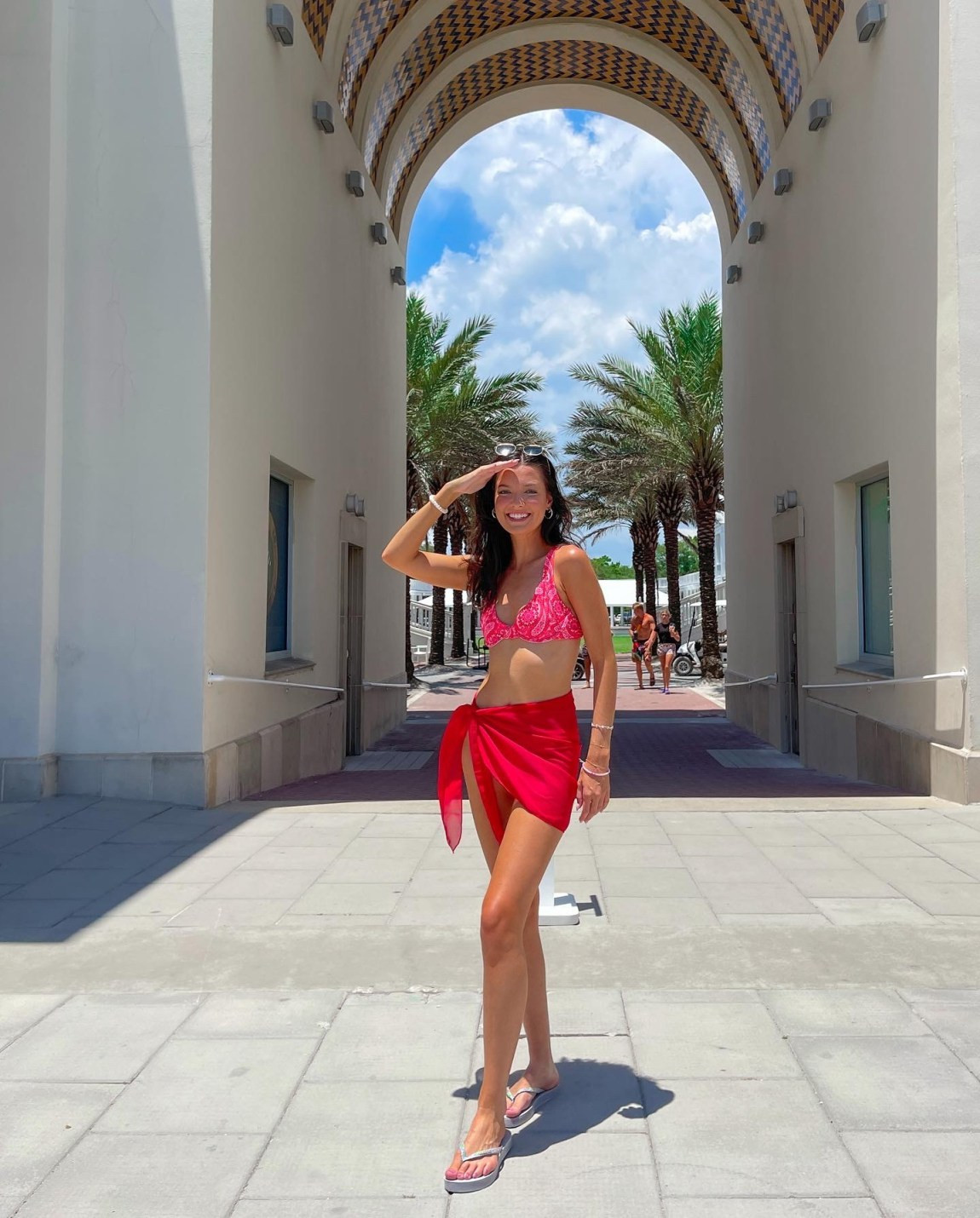 Pink Bikini with a Vibrant Red Sarong Skirt Pink Bikini with a Vibrant Red Sarong Skirt — Florida Outfits