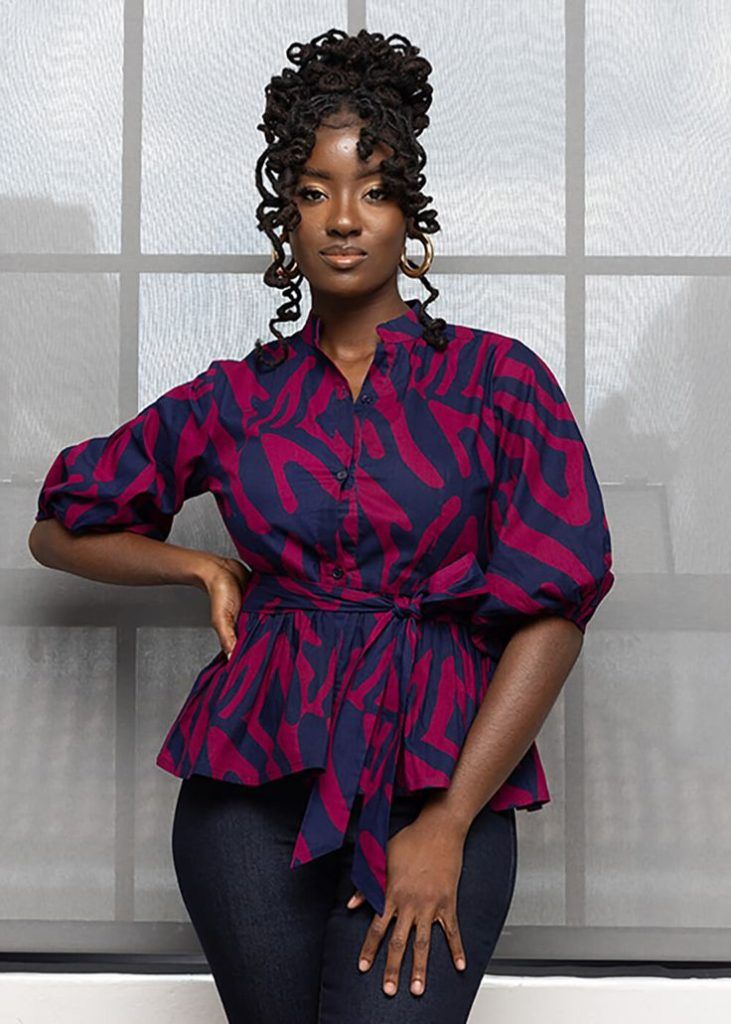 Abstract Print Peplum Top with Dark Wash Jeans — Peplum Top Outfits