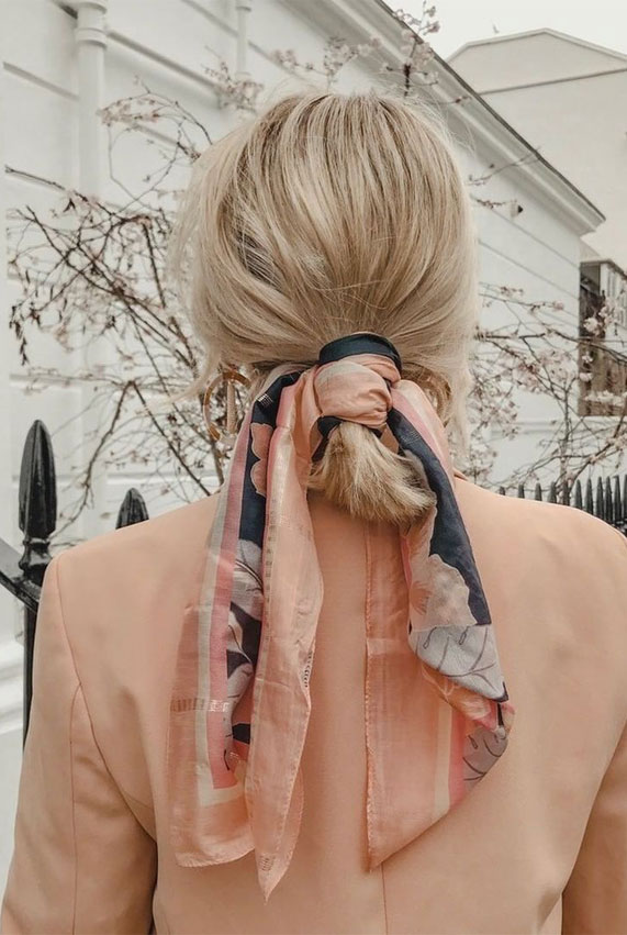 Fine Blonde Chin Bun with Silk Scarf — Scarf Hairstyles