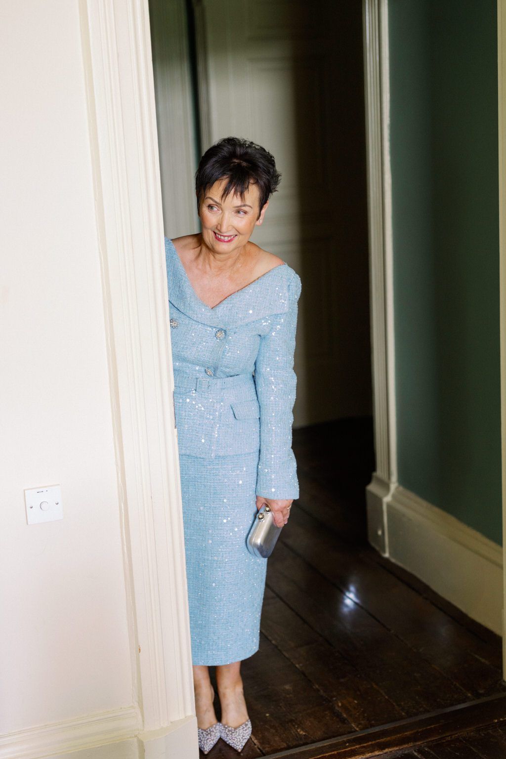 Chic Light Blue Sequined Tweed Suit for a Formal Wedding Chic Light Blue Sequined Tweed Suit for a Formal Wedding — Mother of the Bride Outfits