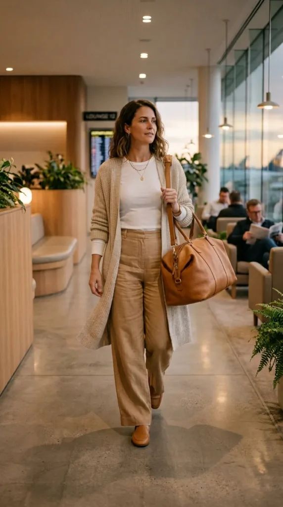 Beige Knit Cardigan with Wide-Leg Trousers — Long Flight Outfits