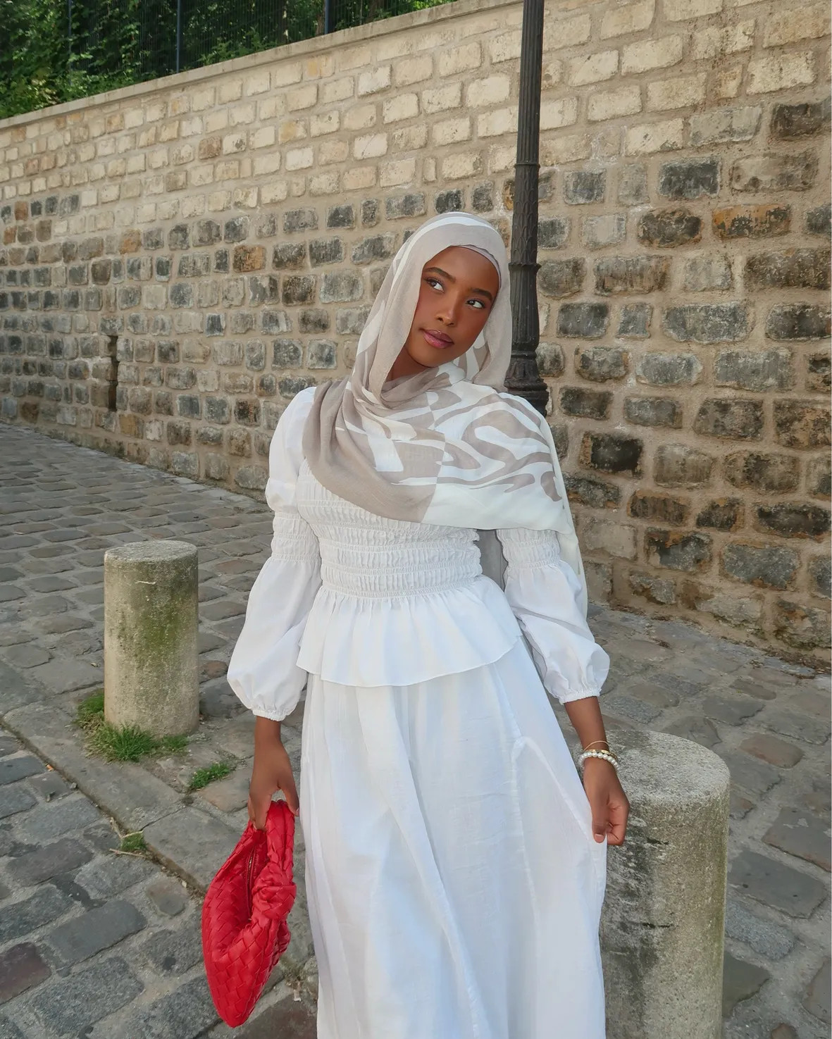 White Smocked Peplum Top and Maxi Skirt with Woven Tote White Smocked Peplum Top and Maxi Skirt with Woven Tote — Hijab Wedding Guest Outfits