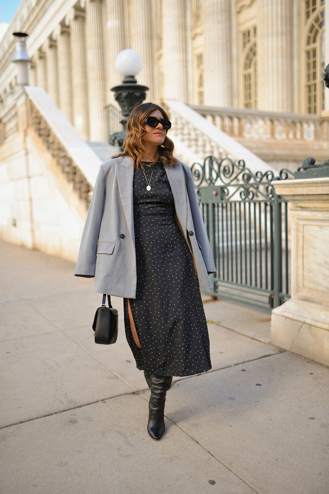 Polka Dot Slip Midi Dress with Oversized Blazer and Knee-High Boots — Midi Dress Outfits