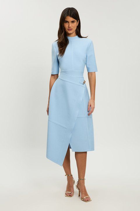 Asymmetrical Wrap Midi Dress with Buckle Detail — Dresses for Short Women