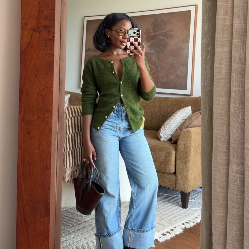 Knit Cardigan Layered Over a T-Shirt with Wide-Leg Jeans — Outfits for Short Torso