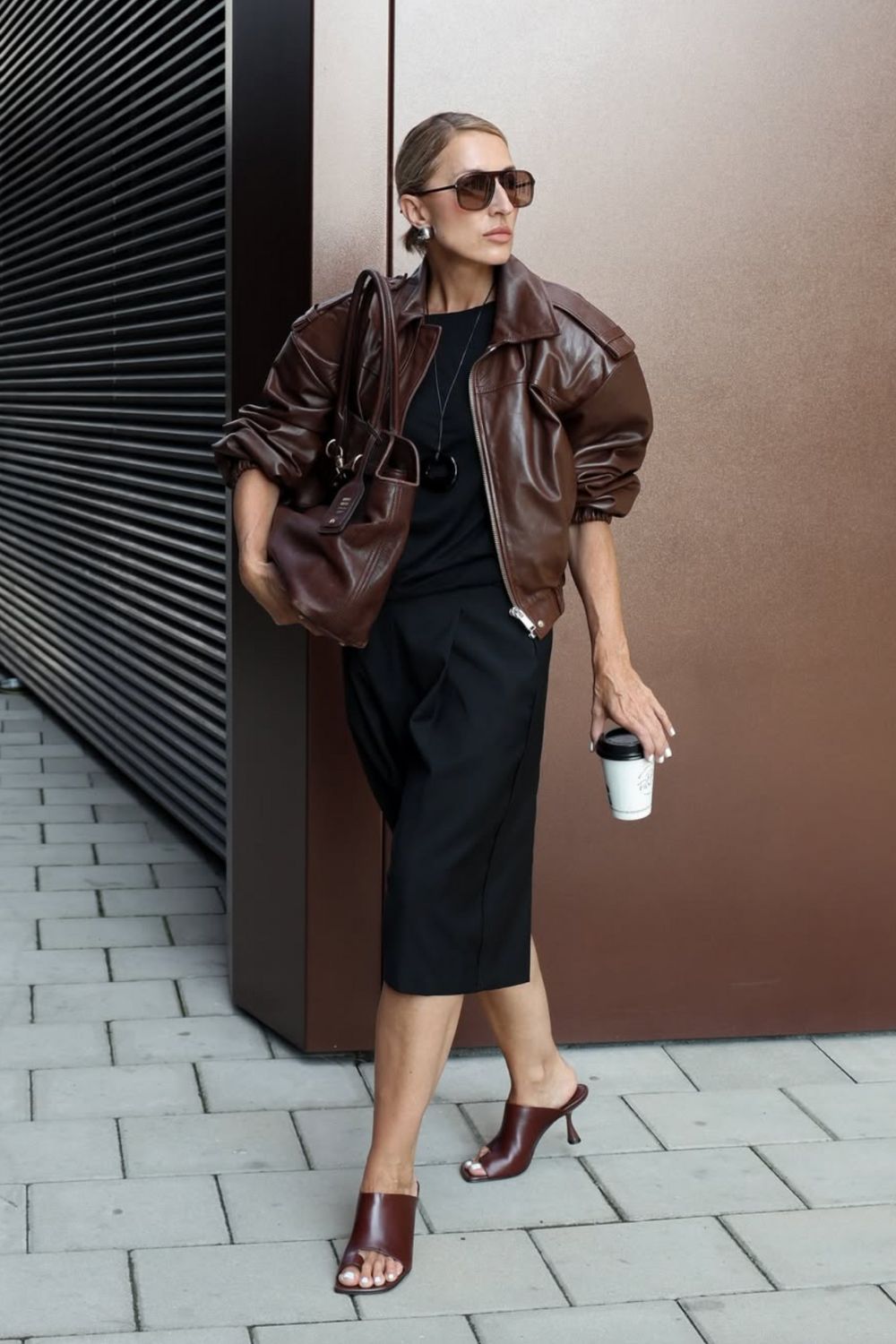 Brown Leather Jacket Over Black Tee and Culottes — Leather Jacket Outfits