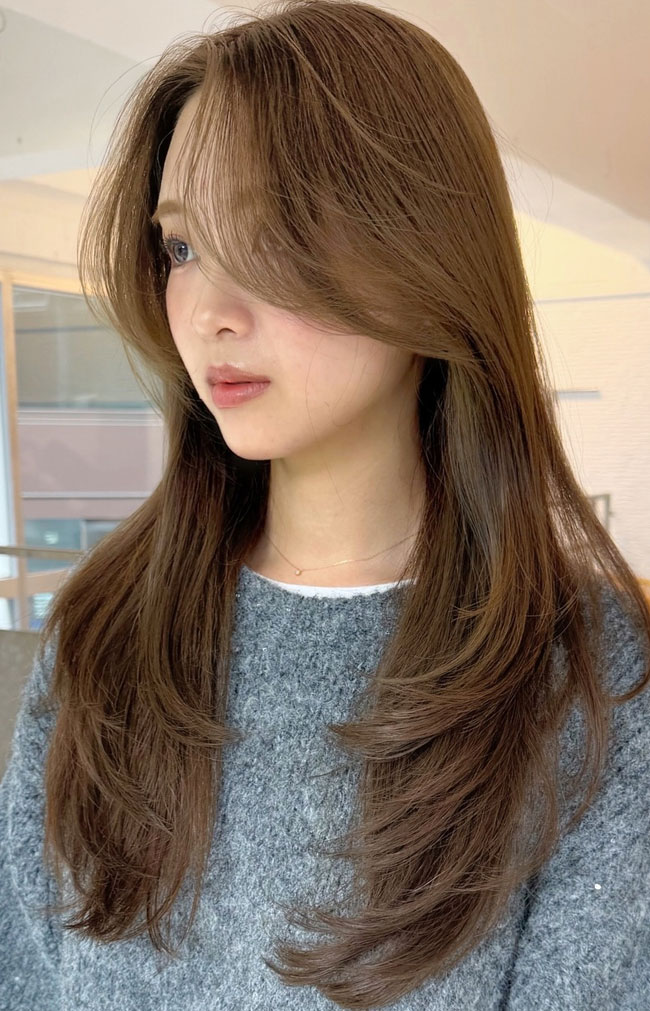 Grey Knit Sweater and Feathered Bangs Grey Knit Sweater and Feathered Bangs — Long Curtain Bangs