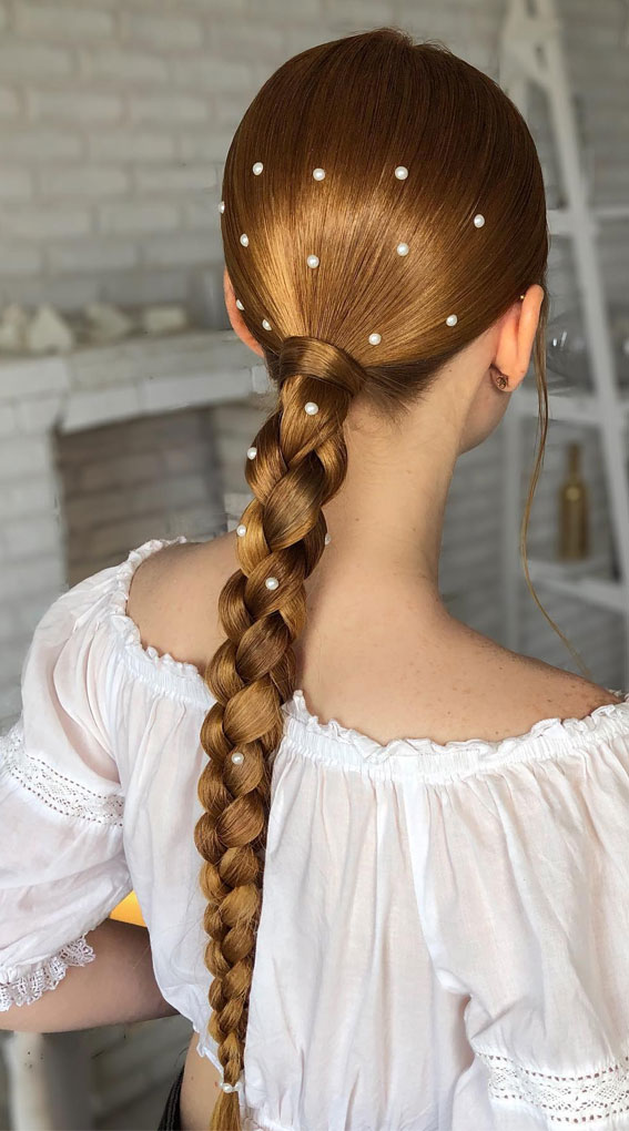 Thick Braid With Decorative Pearls — Braided Ponytail