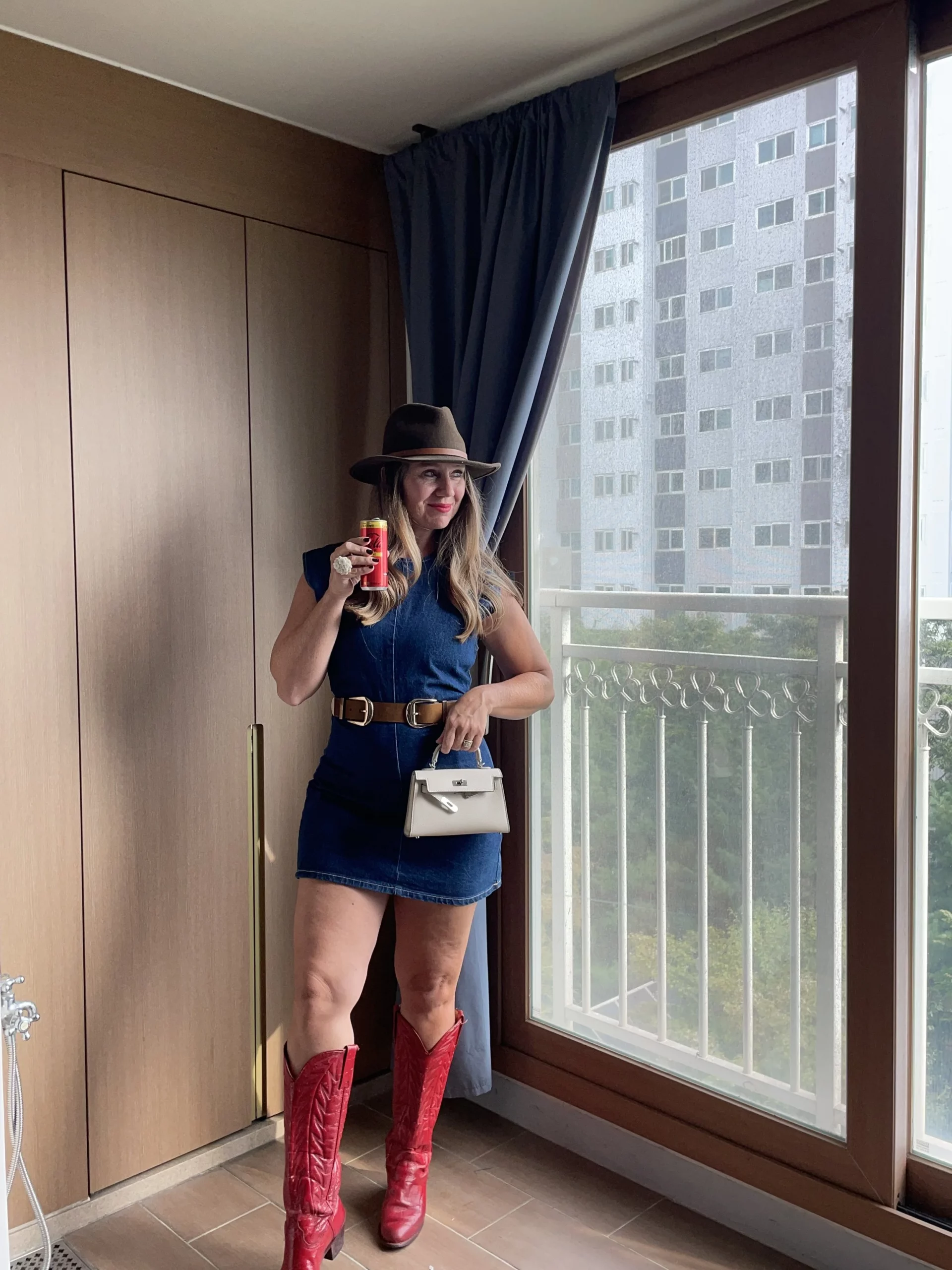 Western-Inspired Denim Dress with Bold Red Boots — Fair Outfits