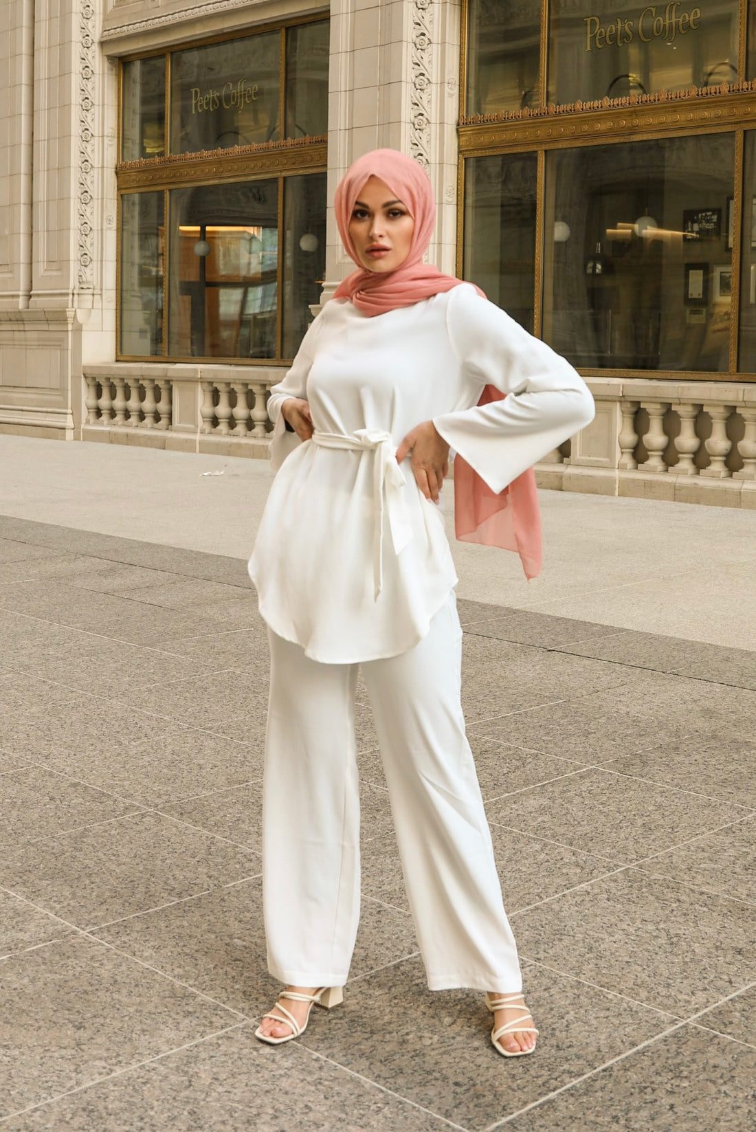 Belted White Tunic and Pink Hijab for a Polished Look — Hijab Work Outfits
