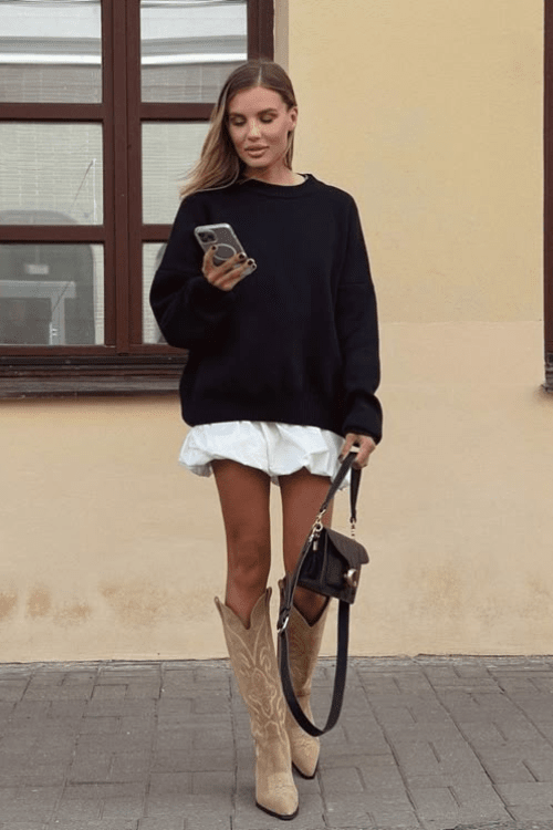 Tan Suede Cowboy Boots with Mini Dress and Oversized Sweater — Cowboy Boots Outfits