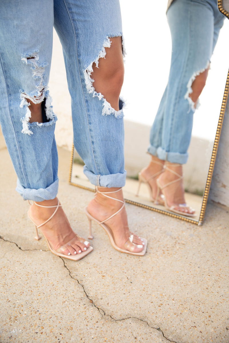 Casual Cool: Clear Vinyl Strap Stilettos with Ripped Jeans — Stiletto Heels Outfits