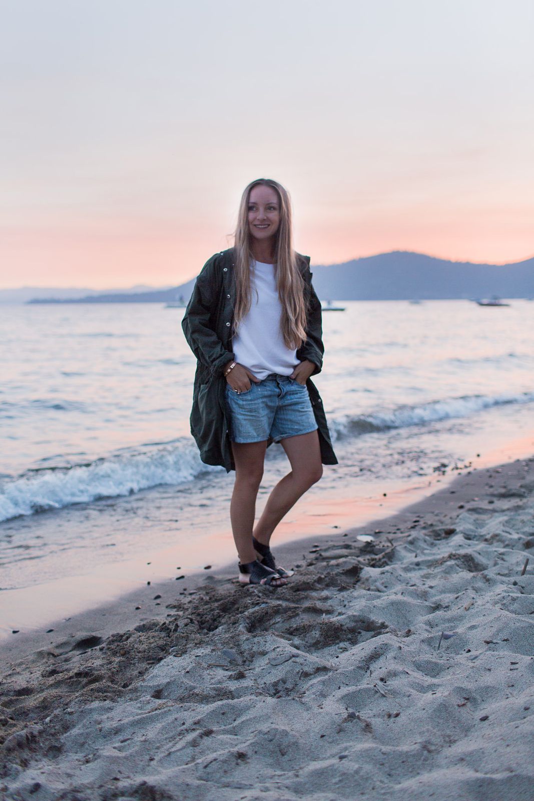 Utility Jacket and Denim Shorts for a Sunset Beach Stroll — Lake Tahoe Outfits