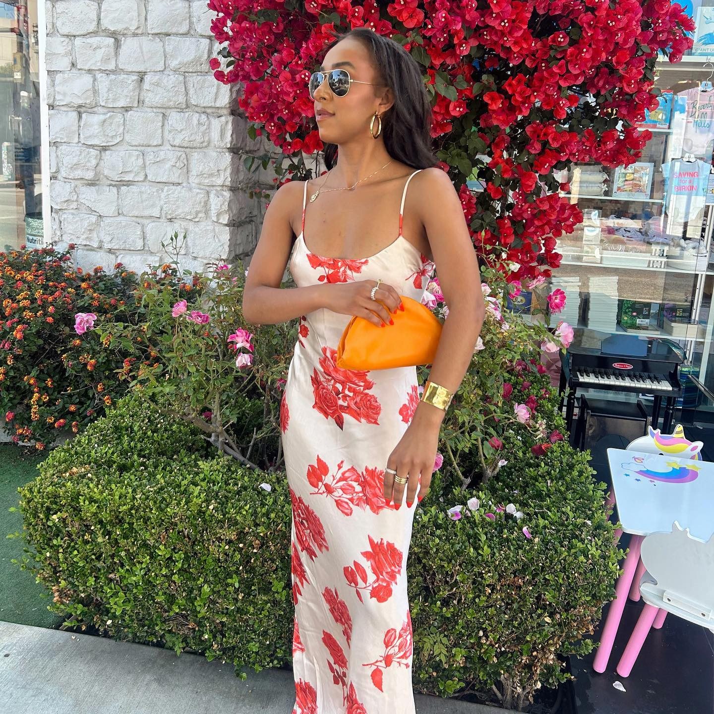 Floral Slip Dress with an Orange Clutch for a Summer Vibe Floral Slip Dress with an Orange Clutch for a Summer Vibe — Los Angeles Outfits