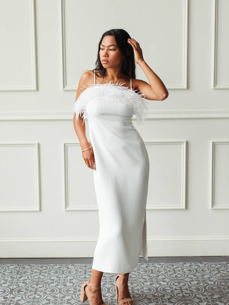 White Satin Midi Dress with Feather Trim Neckline — Engagement Party Dresses
