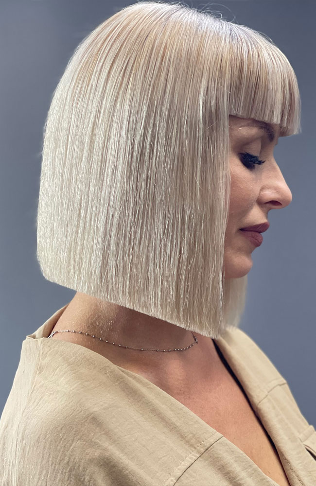 Platinum Bob and Beige Jacket: Smart Casual Sophistication — Blunt Bangs