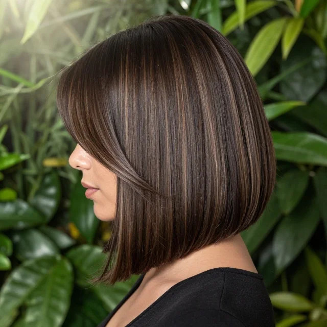Ash Blonde Precision Highlights on an Angled Bob — Highlights on Dark Hair