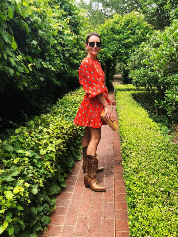 Printed Mini Dress with Rugged Cowboy Boots — Dallas Outfits