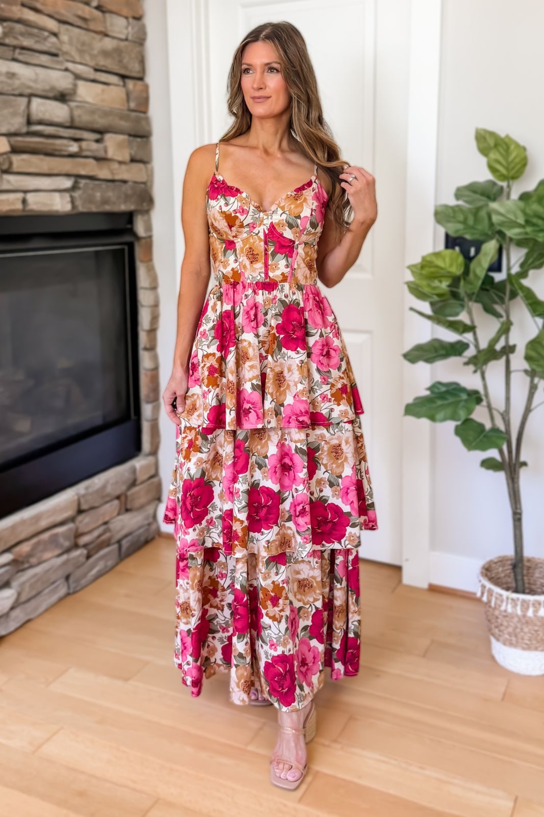 Vibrant Summer Party: Tiered Floral Maxi Dress with Corset Detail Vibrant Summer Party: Tiered Floral Maxi Dress with Corset Detail — Corset Dress Outfits