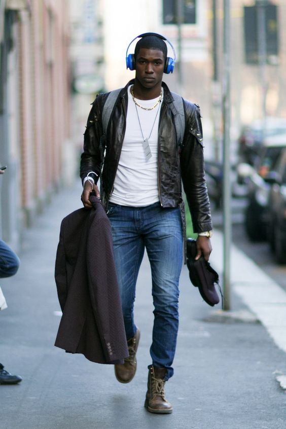 Edgy Casual: Black Leather Jacket with Boots — Mens Casual Outfits