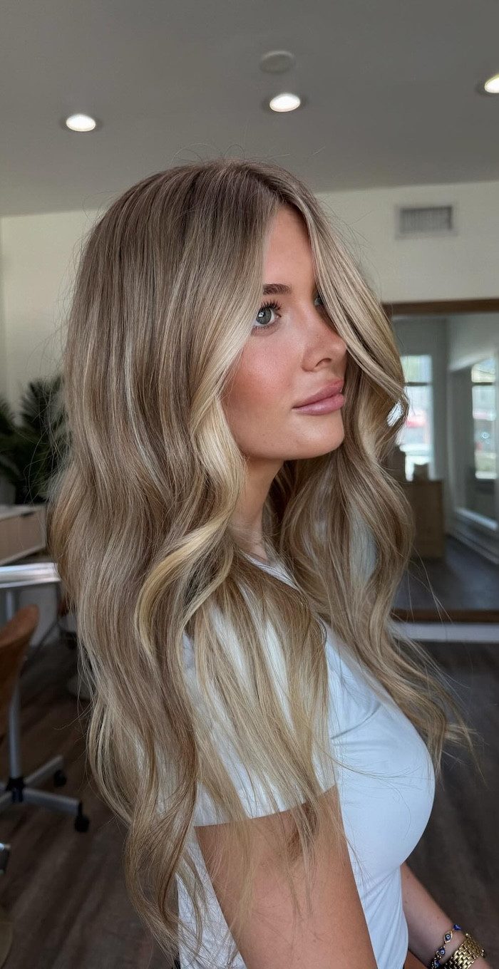Sophisticated Dirty Blonde Balayage With Curtain Bangs Sophisticated Dirty Blonde Balayage With Curtain Bangs