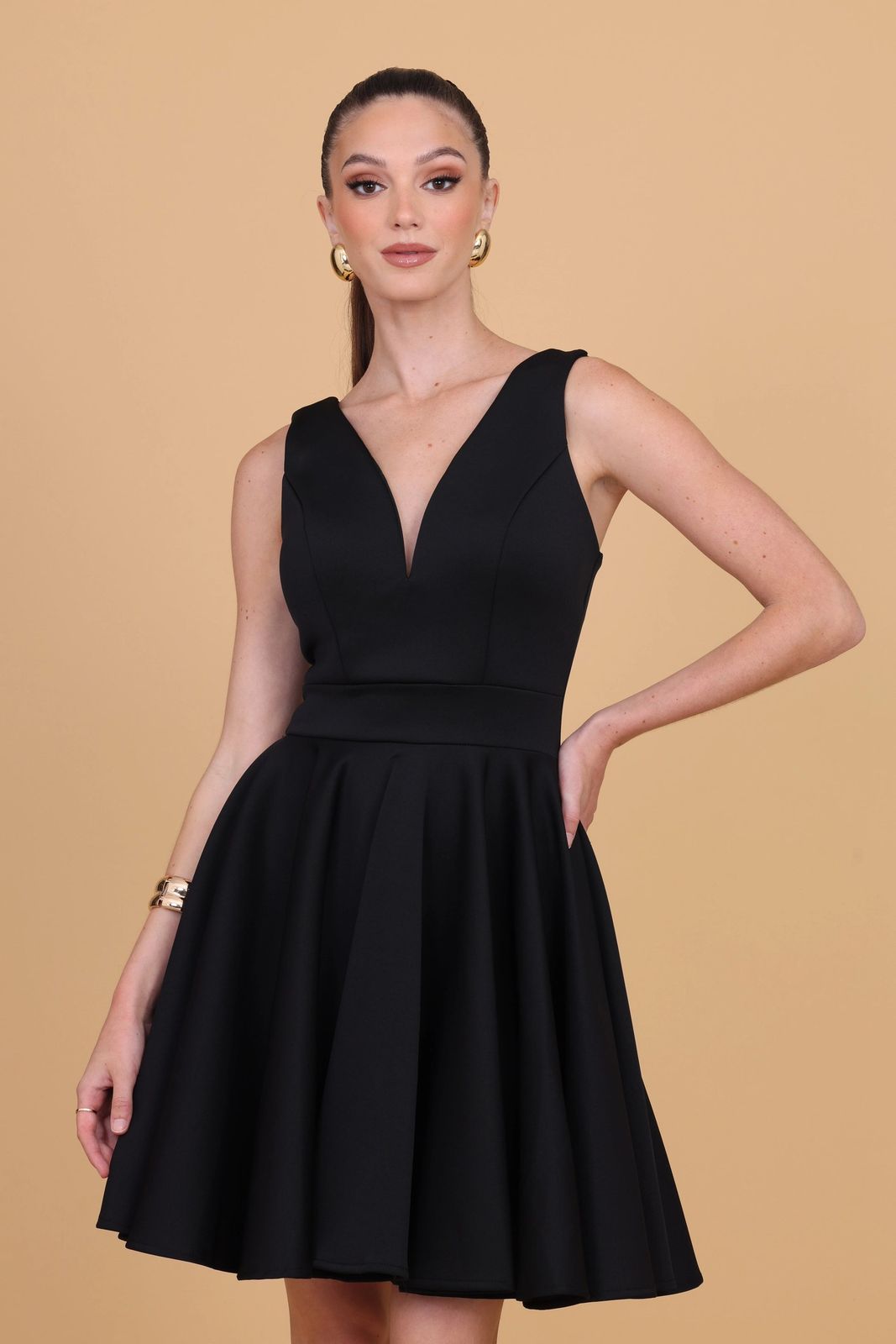 Black Sleeveless Skater Dress with Deep V-Neck for Parties Black Sleeveless Skater Dress with Deep V-Neck for Parties — Skater Dresses