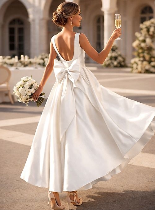 Elegant White Satin A-Line Midi Dress with Oversized Bow Elegant White Satin A-Line Midi Dress with Oversized Bow — Bridal Shower Dresses