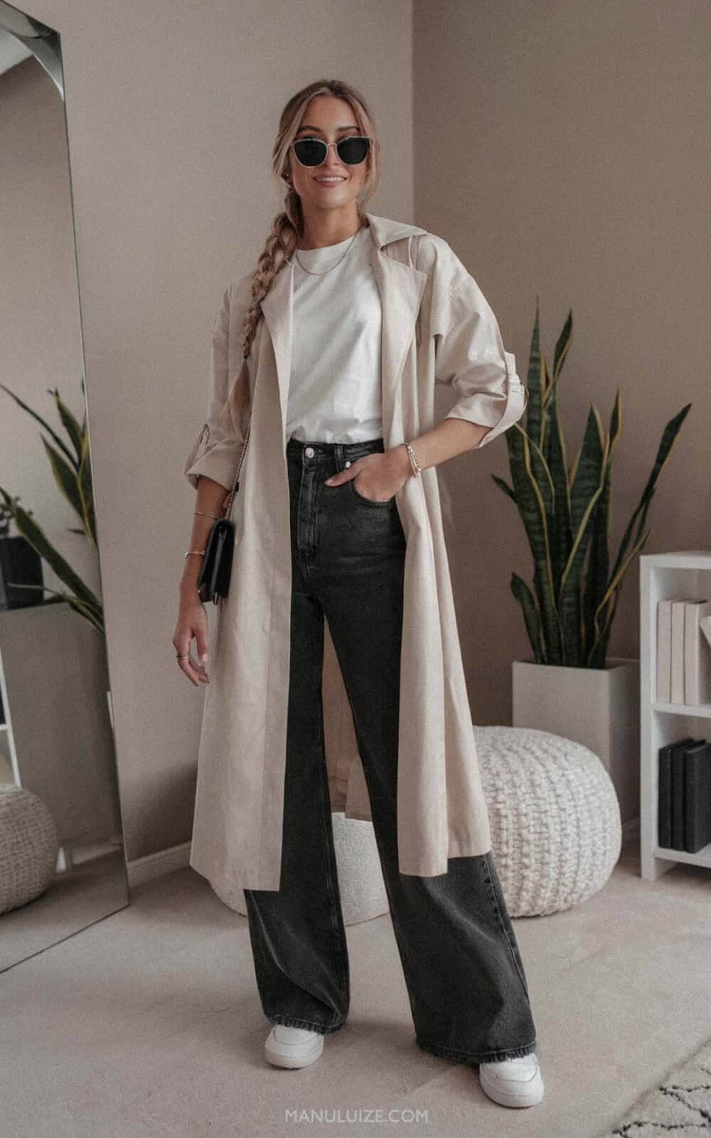 Relaxed Beige Trench Coat with Wide-Leg Jeans — Trench Coat Outfits