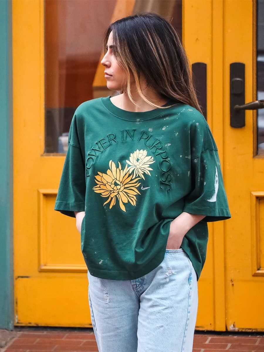 Dark Green Oversized T-Shirt with Floral Graphic and Ripped Jeans — Oversized Shirts